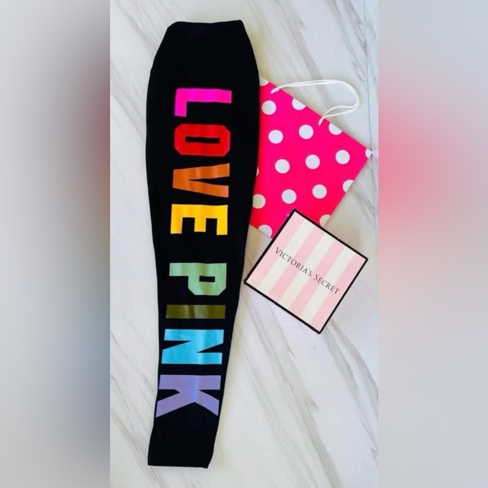 Victoria's Secret PINK black HW Leggings rainbow lettering “Love Pink” NWT SM